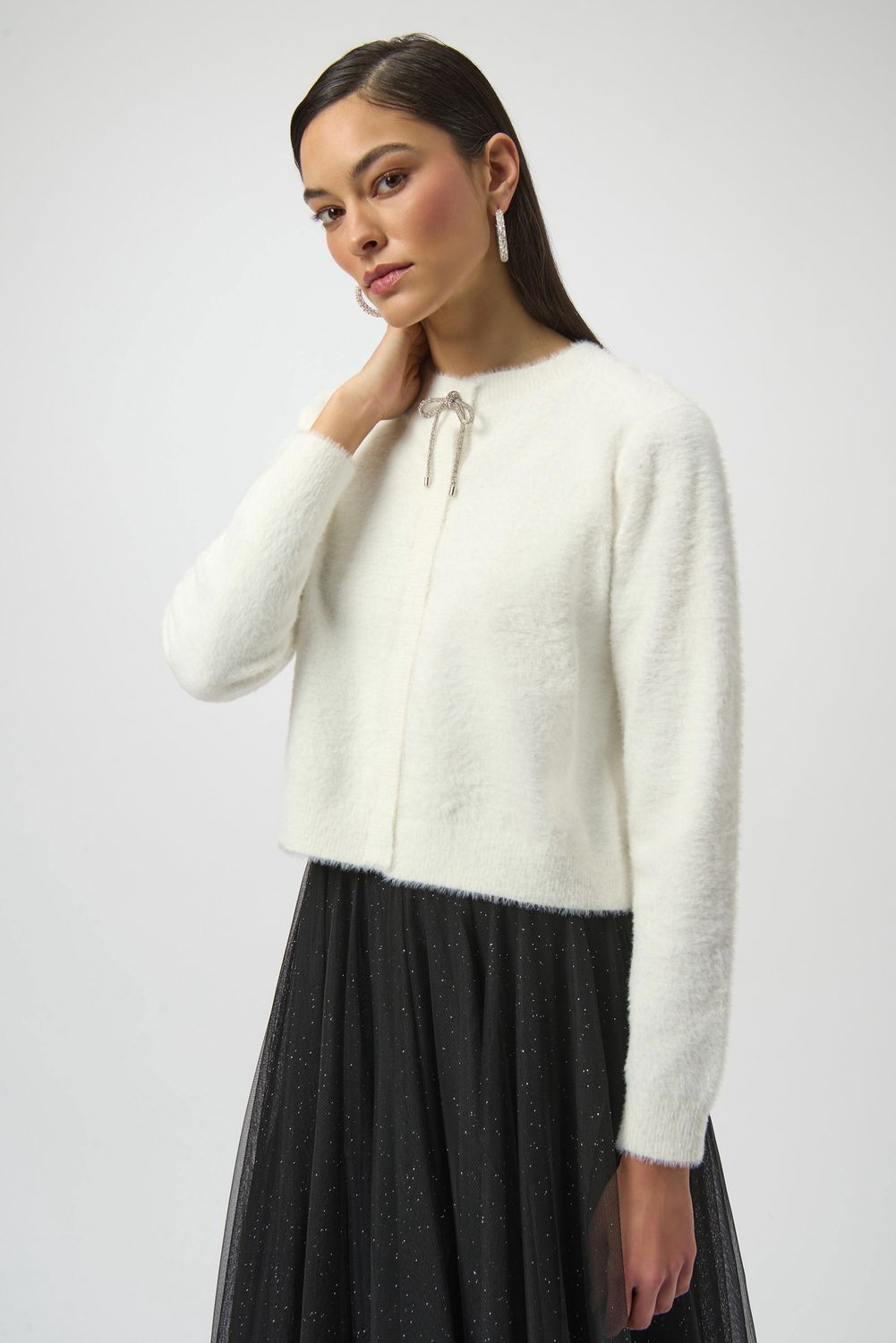 Feather Yarn Cardigan with Rhinestone Bow