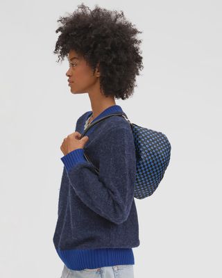 Petite Moyen Messenger in Black/Cobalt Woven Checker