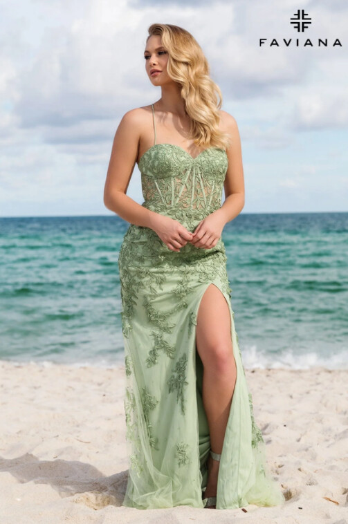 Faviana Lace Corset Dress - 11054, color: Sage, Size: 4