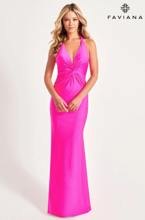 Faviana Long Halter with Middle Knot Dress - 11014, color: Hot Pink, Size: 00