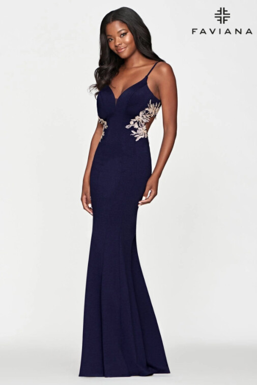 Faviana Long Lace Applique Dress - S10668, color: Navy/Gold, Size: 6