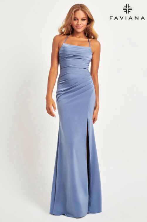 Faviana Matte Satin Maxi Dress - 11064, color: Slate, Size: 8