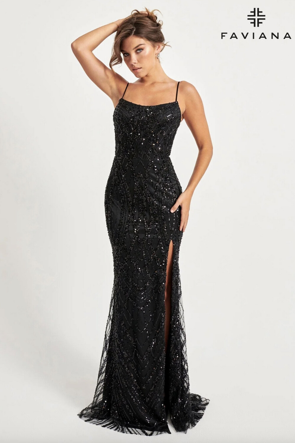 Faviana Scoop Neck with Full Beading Dress - 11075, color: Black, Size: 8