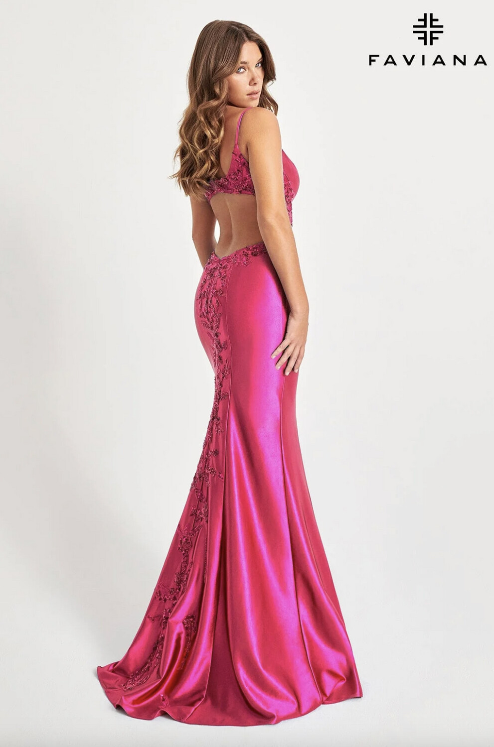 Faviana Shiny Satin Dress with Beaded Lace Detail - 11007, color: Raspberry, Size: 00