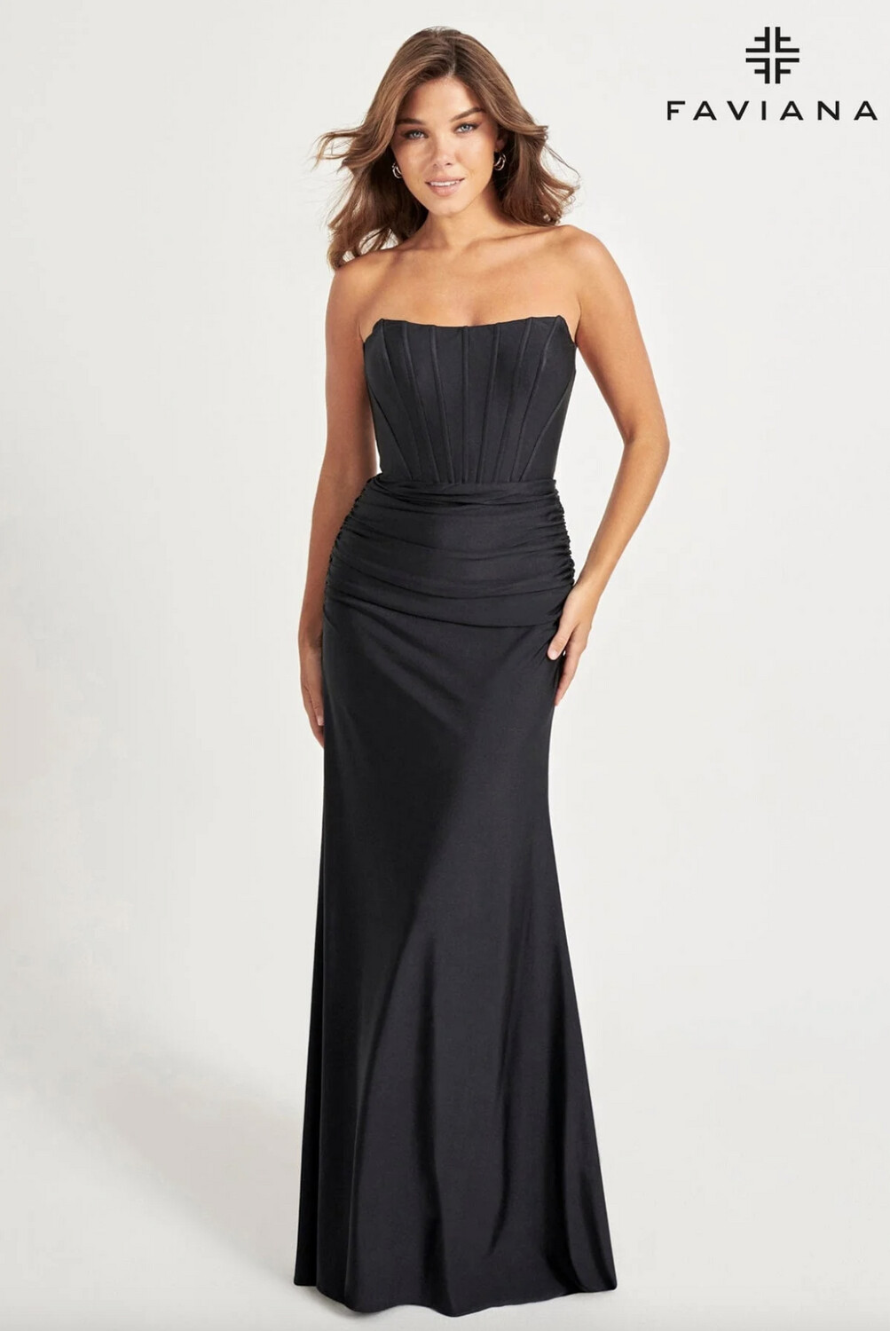 Faviana Strapless Corset Boning Long Dress - 11041, color: Black, Size: 14