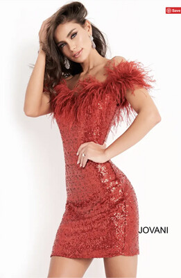 Jovani Red Feather Neckline Short Dress - 06167