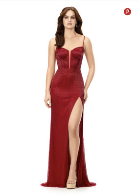 Spaghetti Strap Liquid Beaded Gown with Slit 11369