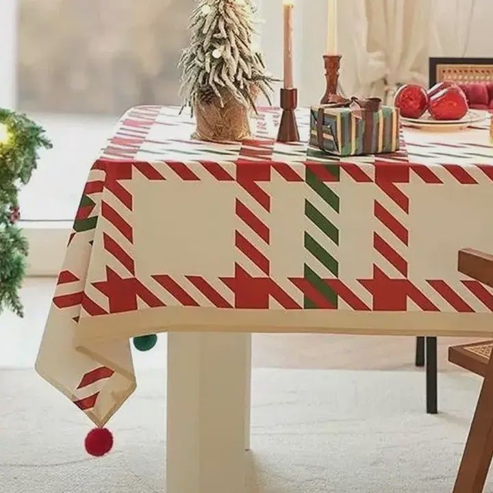 Plaid Holiday Tablecloth w/PomPoms