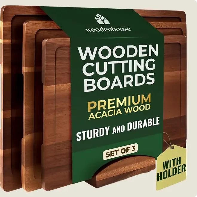 Acacia Wood Cutting Board Set w/Holder