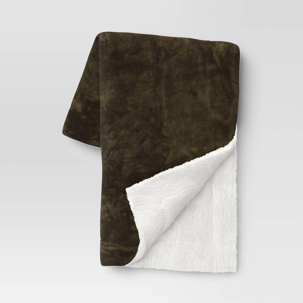 Solid Printed Plush with Shearling Reverse Throw Blanket Green