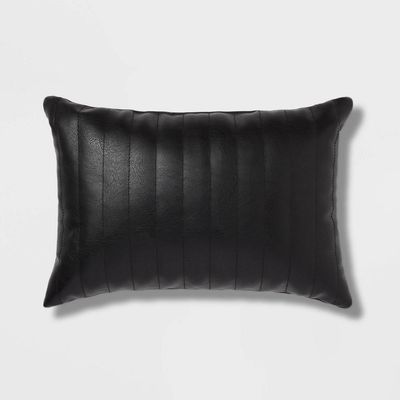 Oblong Faux Leather Channel Stitch Decorative Throw Pillow Black - Thresholdtm: Indoor Rectangle Cushion, Polyurethane &amp; Cotton