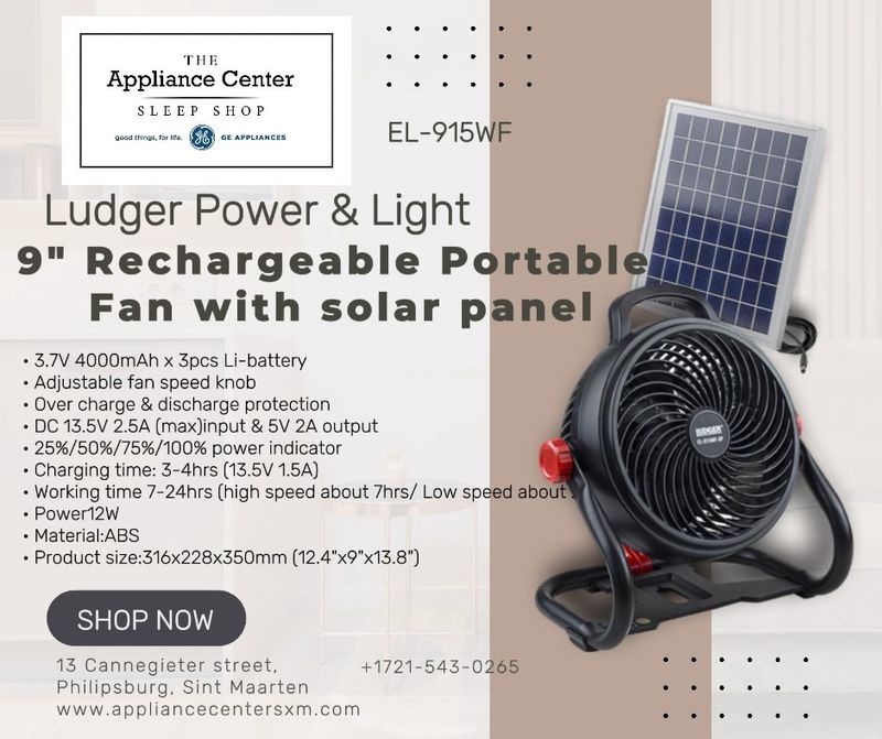 Ludger 9&quot; Rechargeable Portable Fan /w Solar Panel