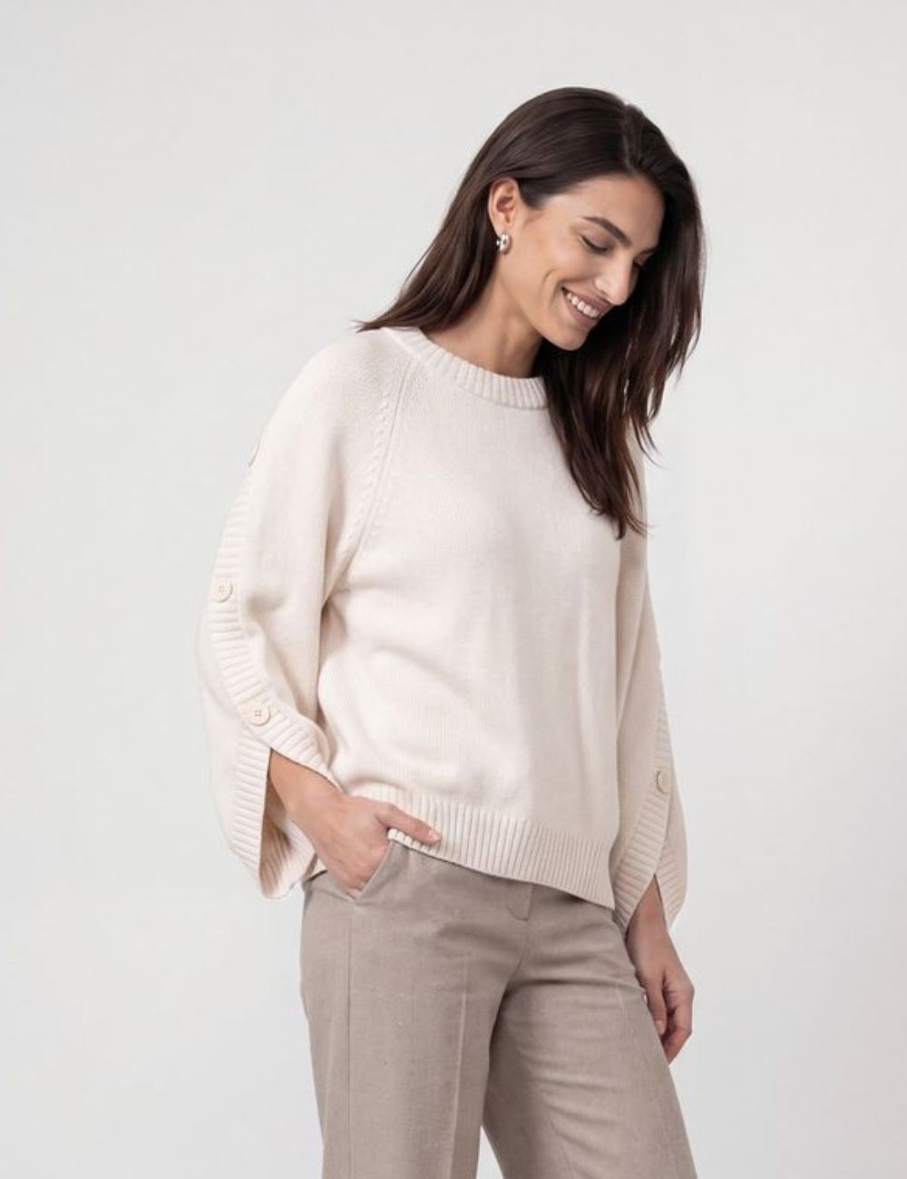 Monari Creme Sweater w Button Detail