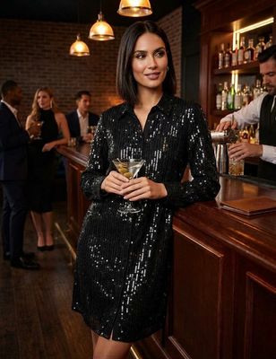 Velvet Black Sequin Shirt Dress