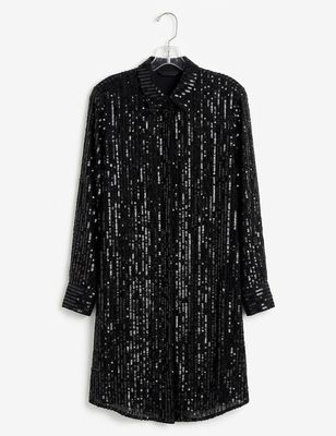 Velvet Black Sequin Shirt Dress