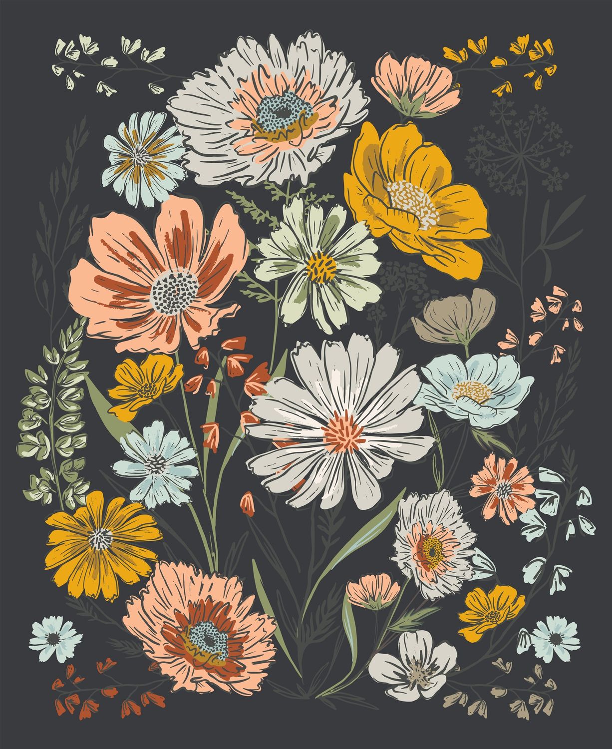 Charcoal Floral Woodland Wildflowers - Panel