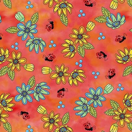 Whimsical Quilter Tossed Floral Papaya