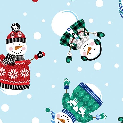 Flannel Winter Wonders Happy Snowmen Light Blue