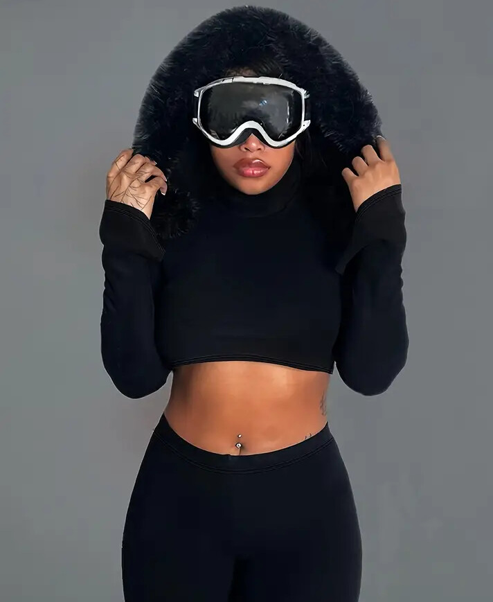 Casual solid two piece set, faux fur decor crop hoodies &amp; skinny leggings outfits, women&#39;s clothing.