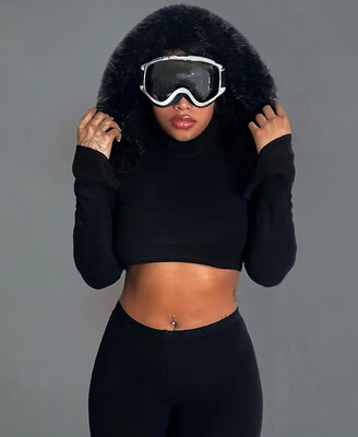 Casual solid two piece set, faux fur decor crop hoodies &amp; skinny leggings outfits, women&#39;s clothing.
