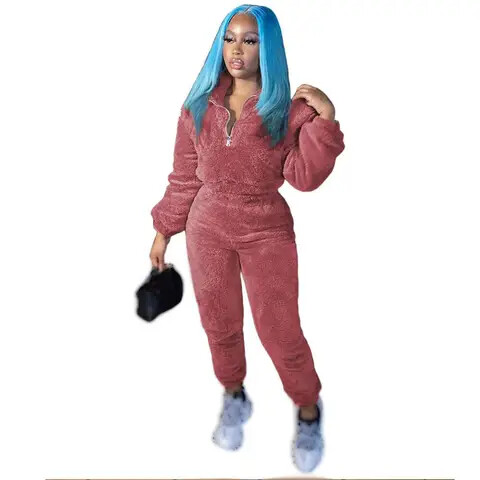 Casual thermal two piece set, zip-up crop sweatshirt &amp; highwaist pants outfits,women clothing