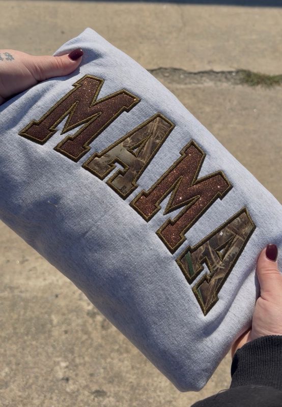 CAMO/GLITTER mama embroidered crewneck