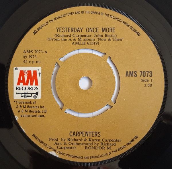 Carpenters - Yesterday Once More (7&quot;, Single, Kno) (Very Good Plus (VG+))
