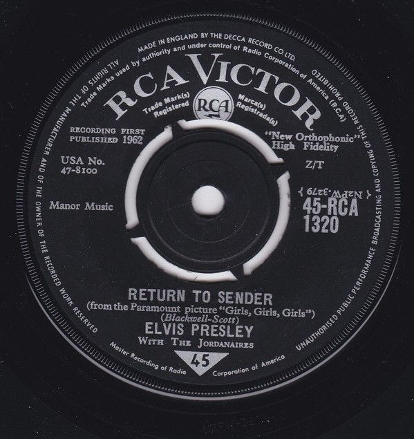 Elvis Presley With The Jordanaires - Return To Sender (7&quot;, Single) (Very Good Plus (VG+))