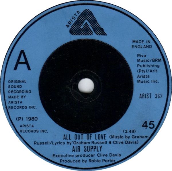 Air Supply - All Out Of Love (7&quot;, Single) (Very Good (VG))