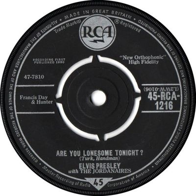 Elvis Presley With The Jordanaires - Are You Lonesome Tonight? (7&quot;, Single) (Very Good (VG))