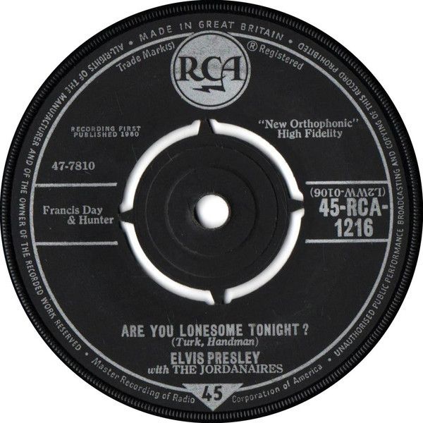 Elvis Presley With The Jordanaires - Are You Lonesome Tonight? (7&quot;, Single) (Very Good Plus (VG+))