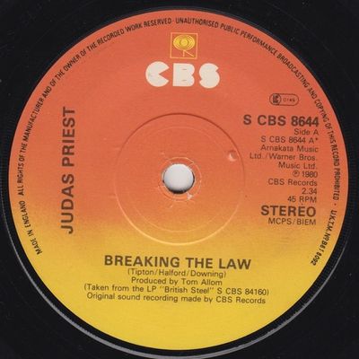 Judas Priest - Breaking The Law (7", Single, Com) (Very Good Plus (VG+))