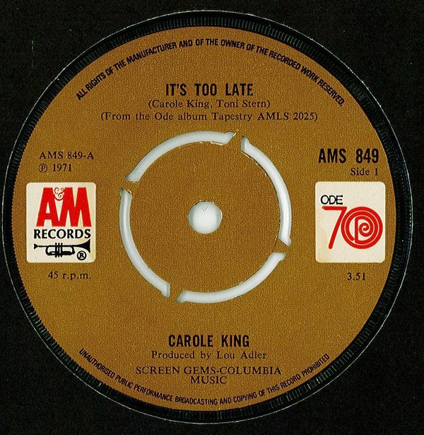 Carole King - It's Too Late (7", Single, Kno) (Very Good Plus (VG+))