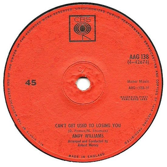 Andy Williams - Can't Get Used To Losing You (7", Single, Sol) (Good Plus (G+))