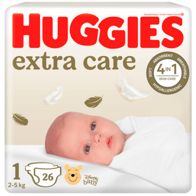 Huggies Extra Care autiņbiksītes, 1.izmērs, 2-5kg, 26gab.