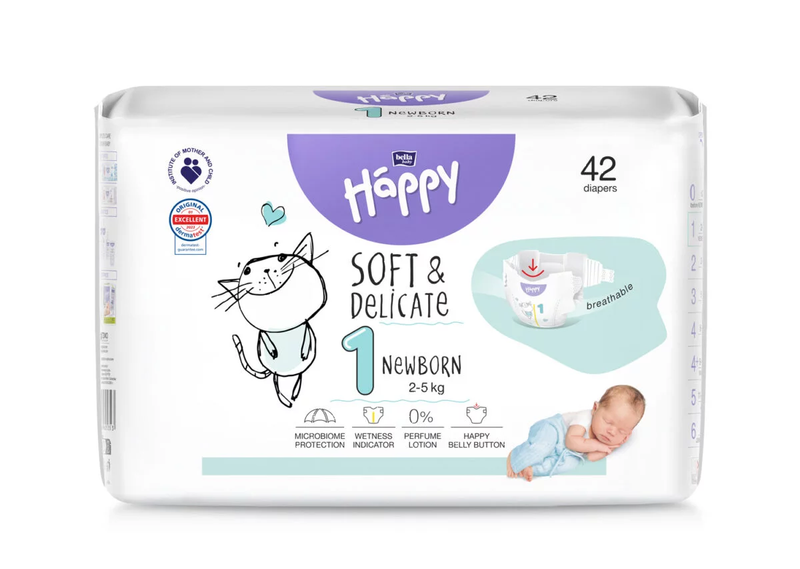 ​HAPPY NEWBORN autiņbiksītes, 1. izmērs (2-5 kg), 42 gab.