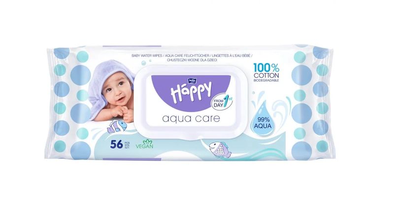HAPPY 99% Aqua Care mitrās salvetes ar vāciņu, 56 gab.