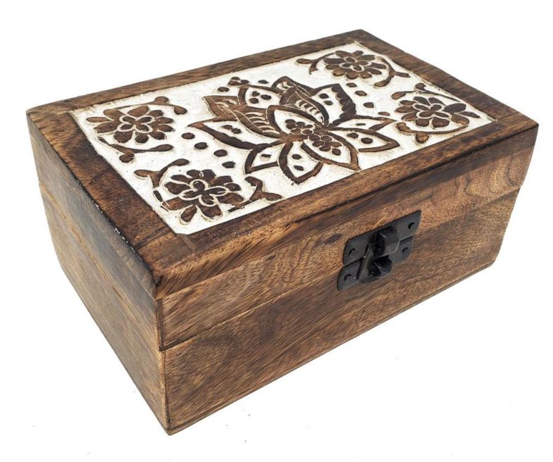 Lotus Carved Wood Box 4&quot; x 6&quot;
