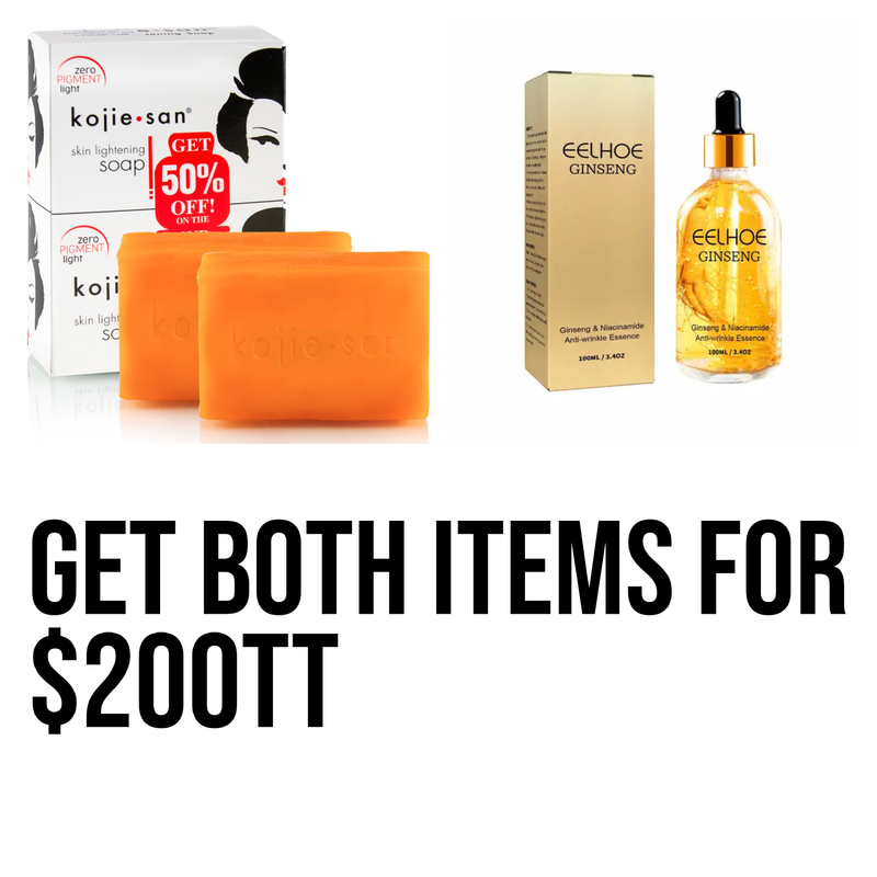1 - Kojie san 2 bar 135g Soap 
1 -  EELHOE Beauty Serum Natural Moisturizing Skin Brightening Organic Ginseng Face Serum with Niacinamide