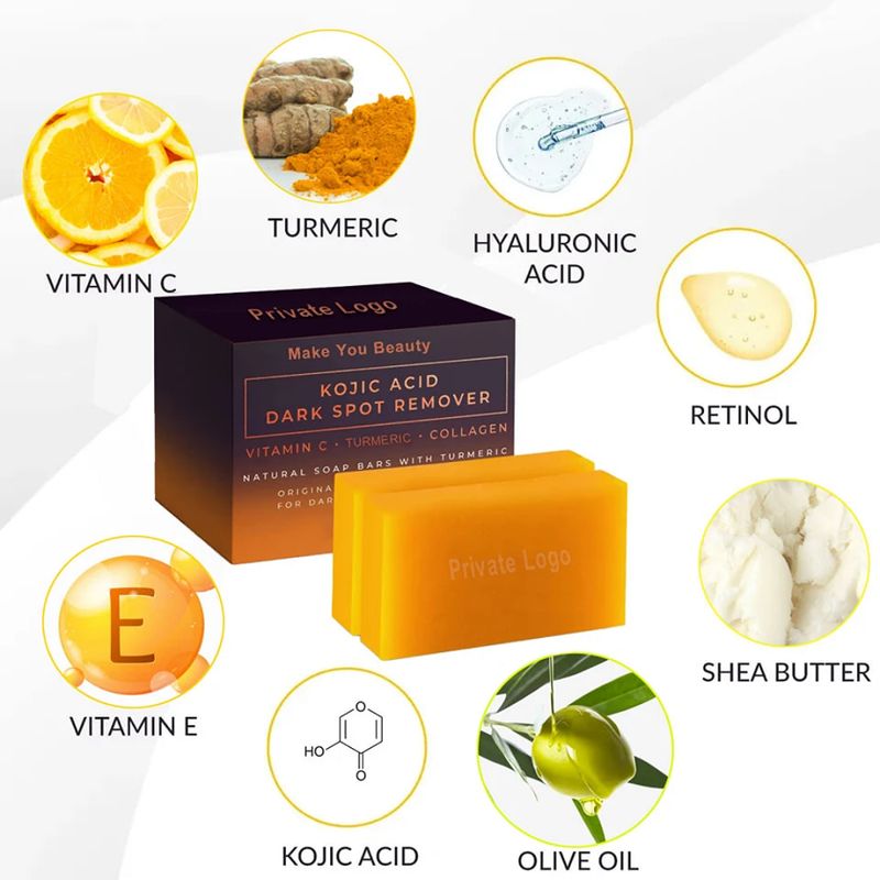 Kojic Acid Dark Spot Remover Soap Bars with Vitamin C, Retinol, Collagen, Turmeric (2 100g Soaps)