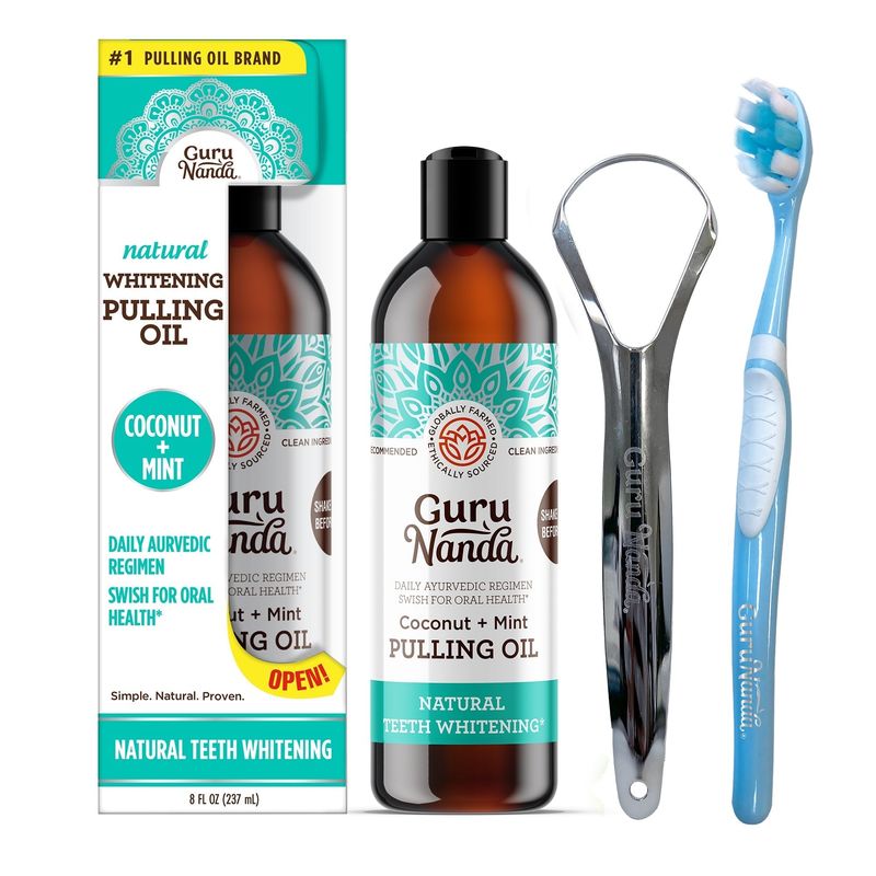 GuruNanda Coconut Oil Pulling (Mickey D), Fresh Breath &amp; Whitening Mouthwash, 7 Essential Oils &amp; Vitamins for Healthy Teeth &amp; Gums, Alcohol-Free, 8 oz