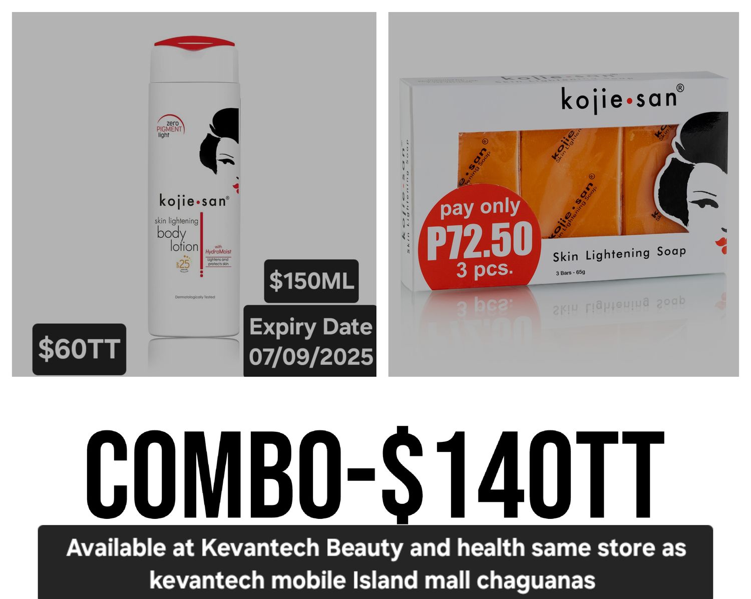 1 - Kojie San 150ml lotion &amp; 1 - Kojie San 3 Bar 65g soap