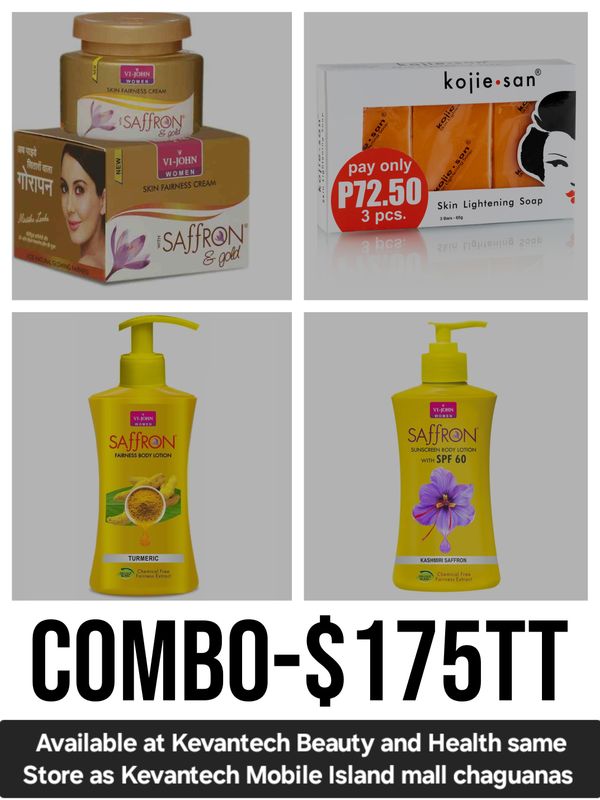 1 - Vi John Saffron face cream (GOLD) 1- vi  john Saffron Lotion (SPF60) 1 - vi john saffron lotion  1 - kojie San 3 Bar 65g Soap