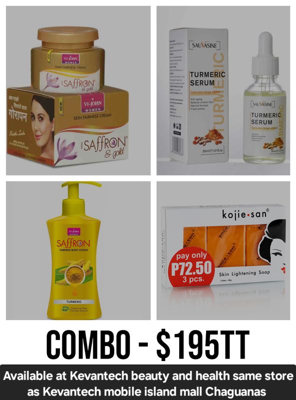 1 - Sauvasine Turmeric Serum 1 - vi john saffron face cream (GOLD) 1 - vi John saffron lotion  1- Kojie San 3 Bar 65g Soap