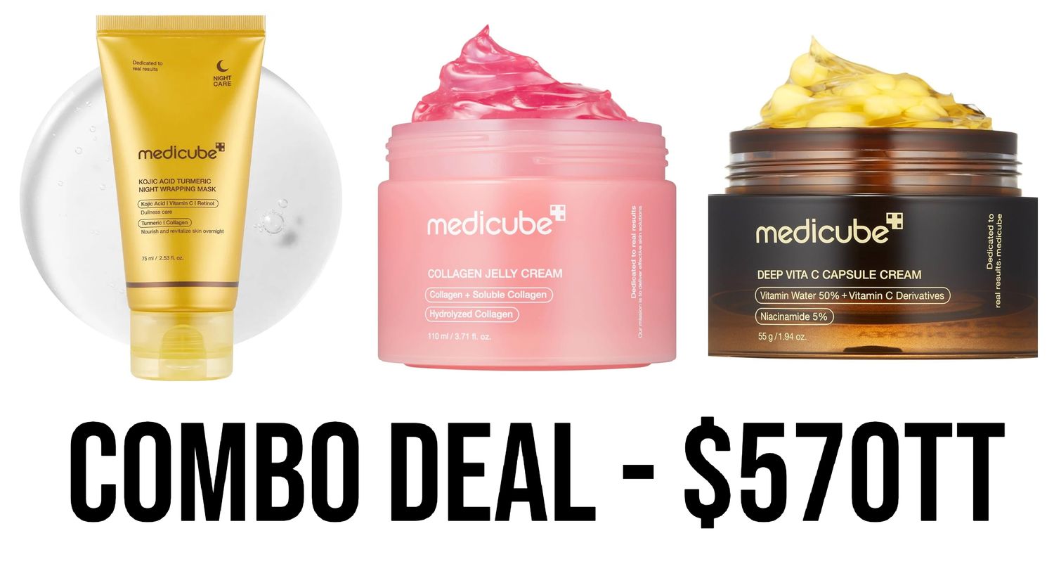 1 - Medicube Tumeric wrapping mask/ 1 - Medicube Collagen cream/ 1 - Medicube Vitamic C Capsule Cream