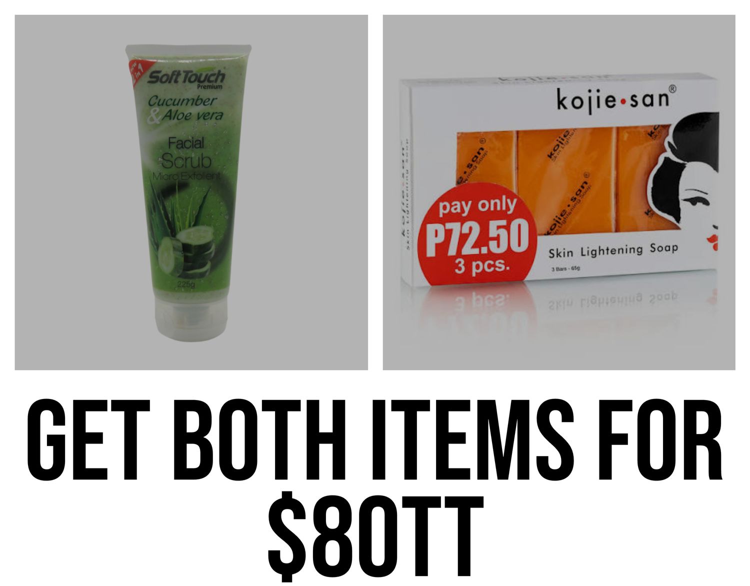 1 - Soft touch Cucumber &amp; Aloe vera face scrub/ 1 - kojie San soap 3 Bar 65g soap