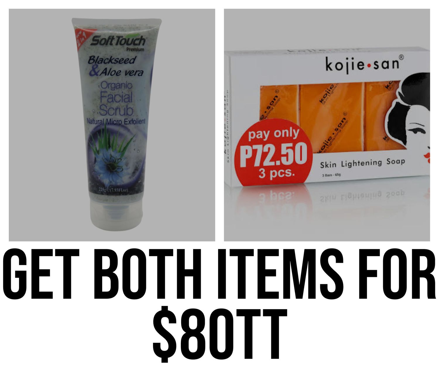 1 - Soft touch Blackseed &amp; Aloe vera face scrub/ 1 - kojie San soap 3 Bar 65g soap