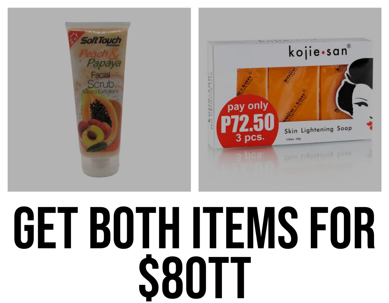 1 - Soft touch Peach&amp; Papaya  face scrub/ 1 - kojie San soap 3 Bar 65g soap
