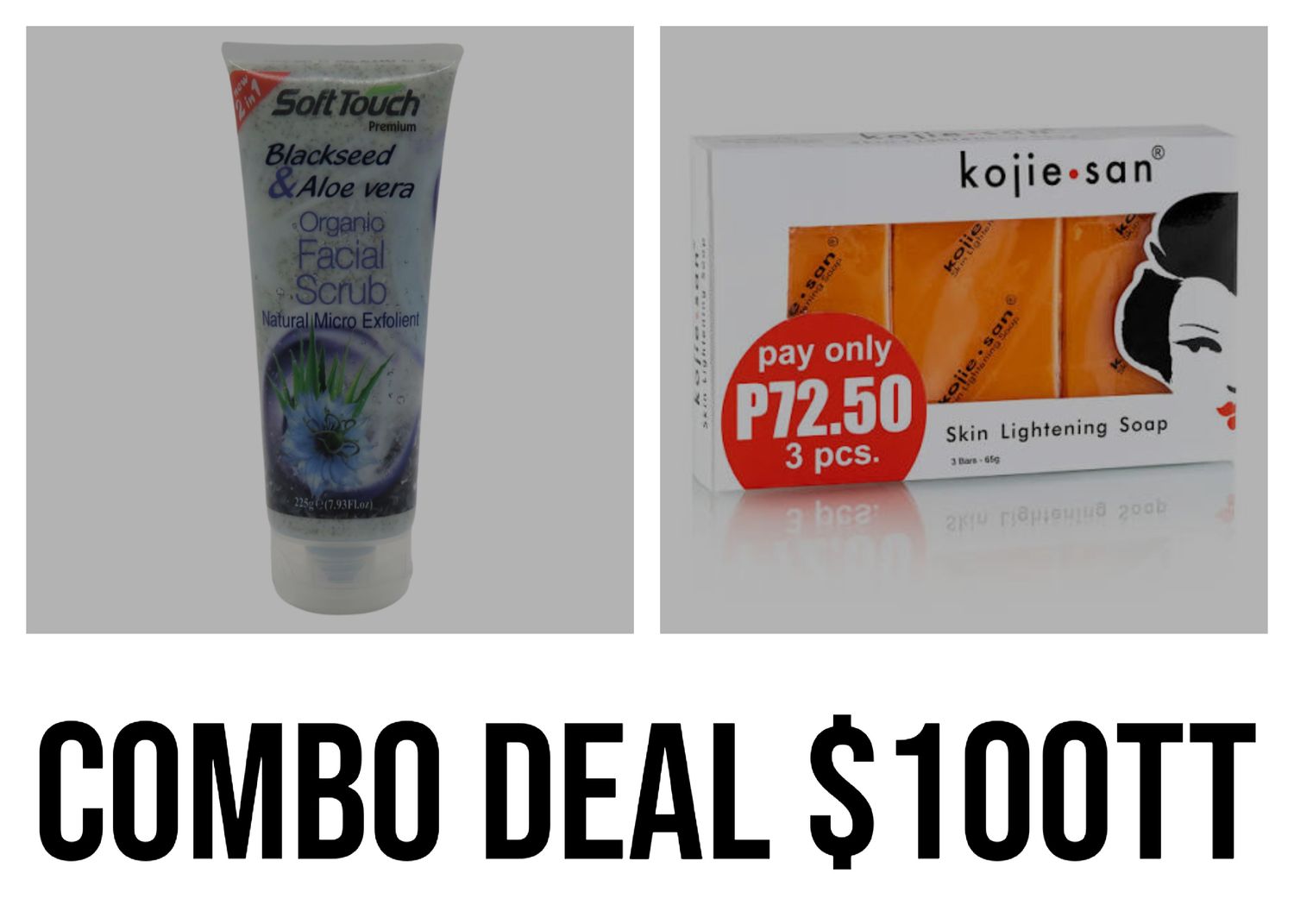 1 - Soft touch Blackseed &amp;Aloe vera face scrub/ 1 - kojie San soap 3 Bar 65g soap