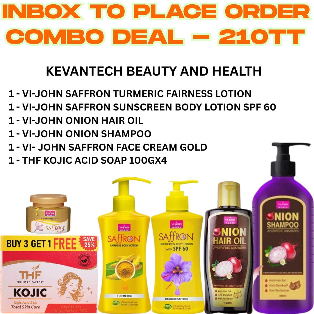 1 - VI-JOHN SAFFRON TURMERIC FAIRNESS LOTION 1- VI-JOHN SAFFRON SUNSCREEN BODY LOTION SPF 60 1 -VI-JOHN ONION HAIR OIL 1-VI-JOHN ONION SHAMPOO 1-VI- JOHN SAFFRON FACE CREAM GOLD 1 -THF KOJIC ACID SOAP